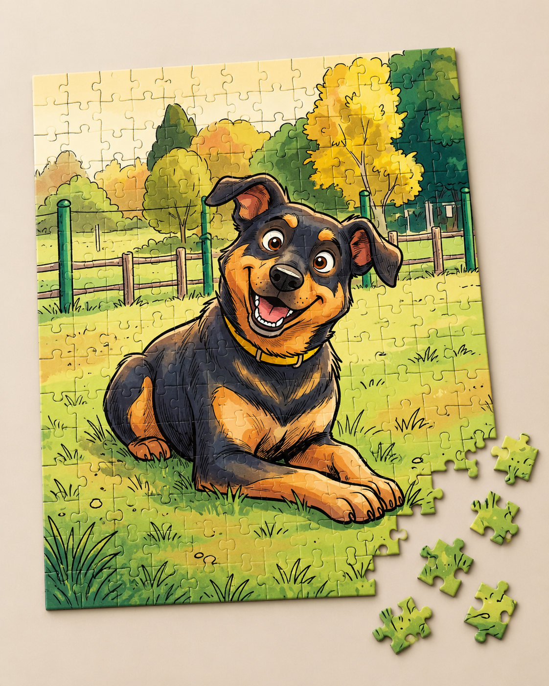 An illustrated puzzle of a smiling black and tan dog lying in a sunny park, almost finished with a few loose pieces