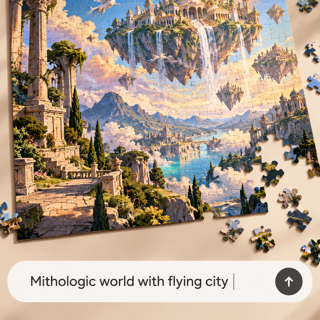 A puzzle of a mythological flying city with waterfalls and a winged horse, made from the prompt "Mithologic world with flying city"