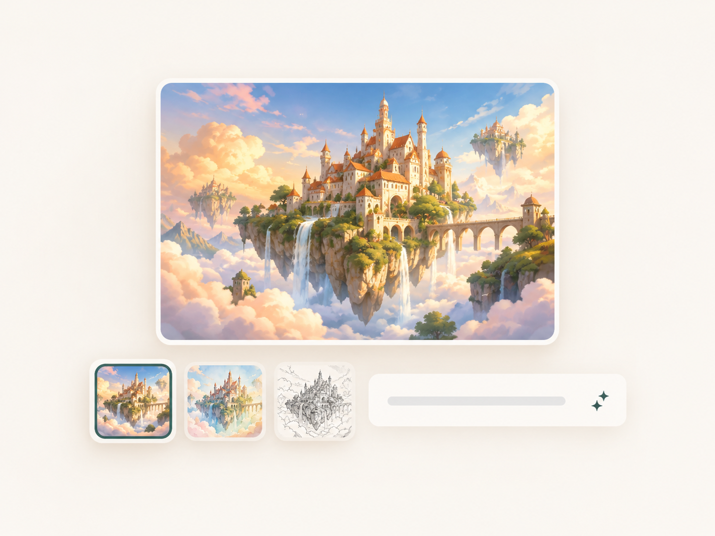 An illustrated floating castle above the clouds, with three style options and a prompt to edit the scene