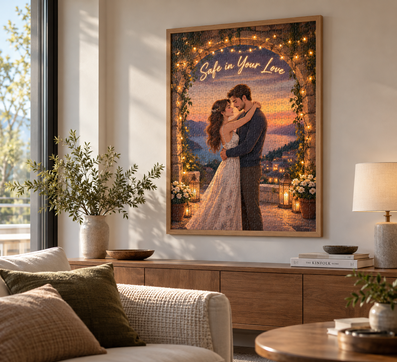 A finished puzzle of an illustrated couple, "Safe in Your Love", framed on a living room wall